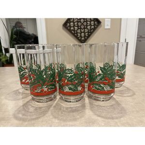 Libbey Glass Tumblers Vintage Set of 7 Holly Berry and Red Ribbon 11oz Christmas